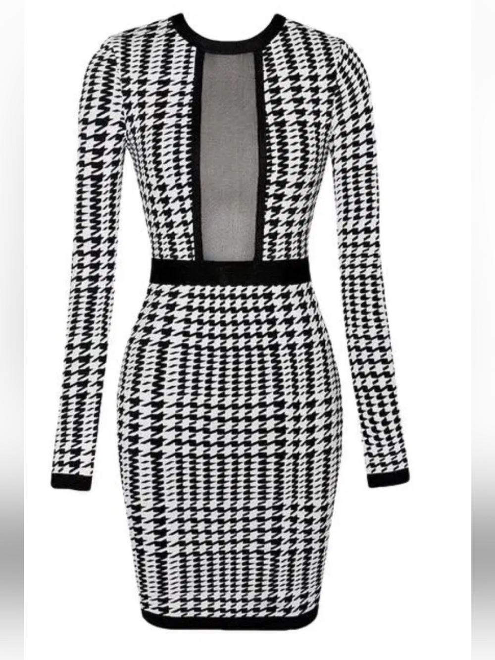 Houndstooth Bodycon Dress with Plunge Mesh Panel - Black & White
